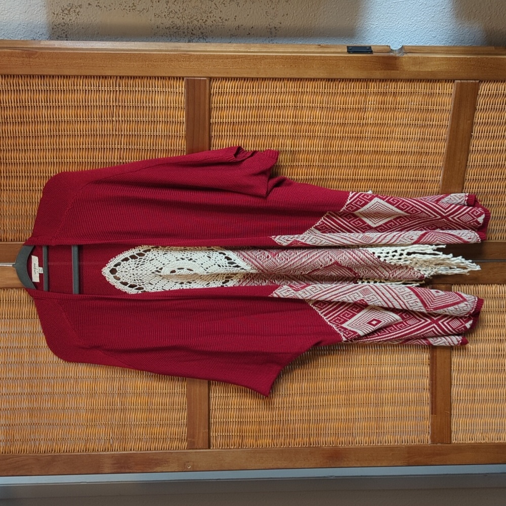 Umgee red and white fringe sweater/poncho